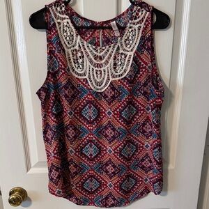 Xhilaration Red Blue Purple Geometric Crochet-Trim Tank